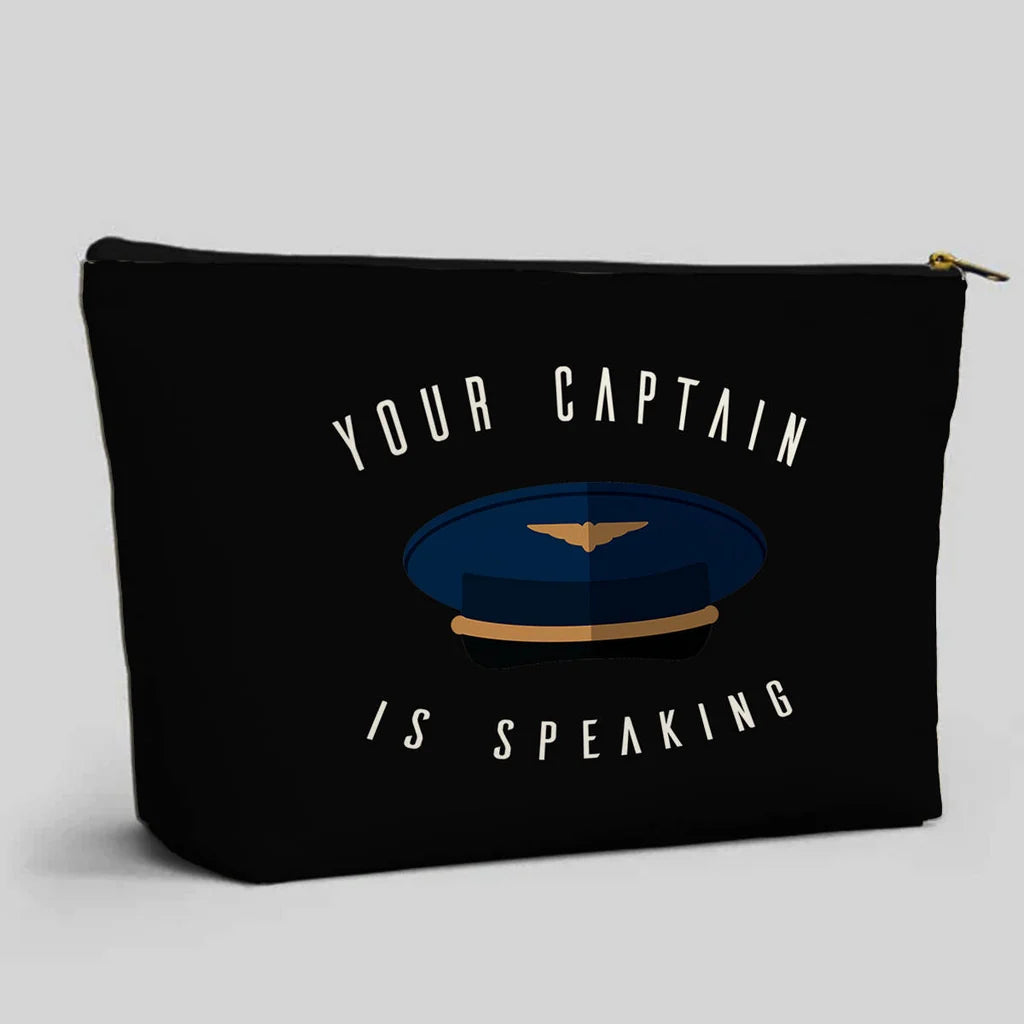 Your Captain Is Speaking aviation design zipper pouch, durable polyester construction.