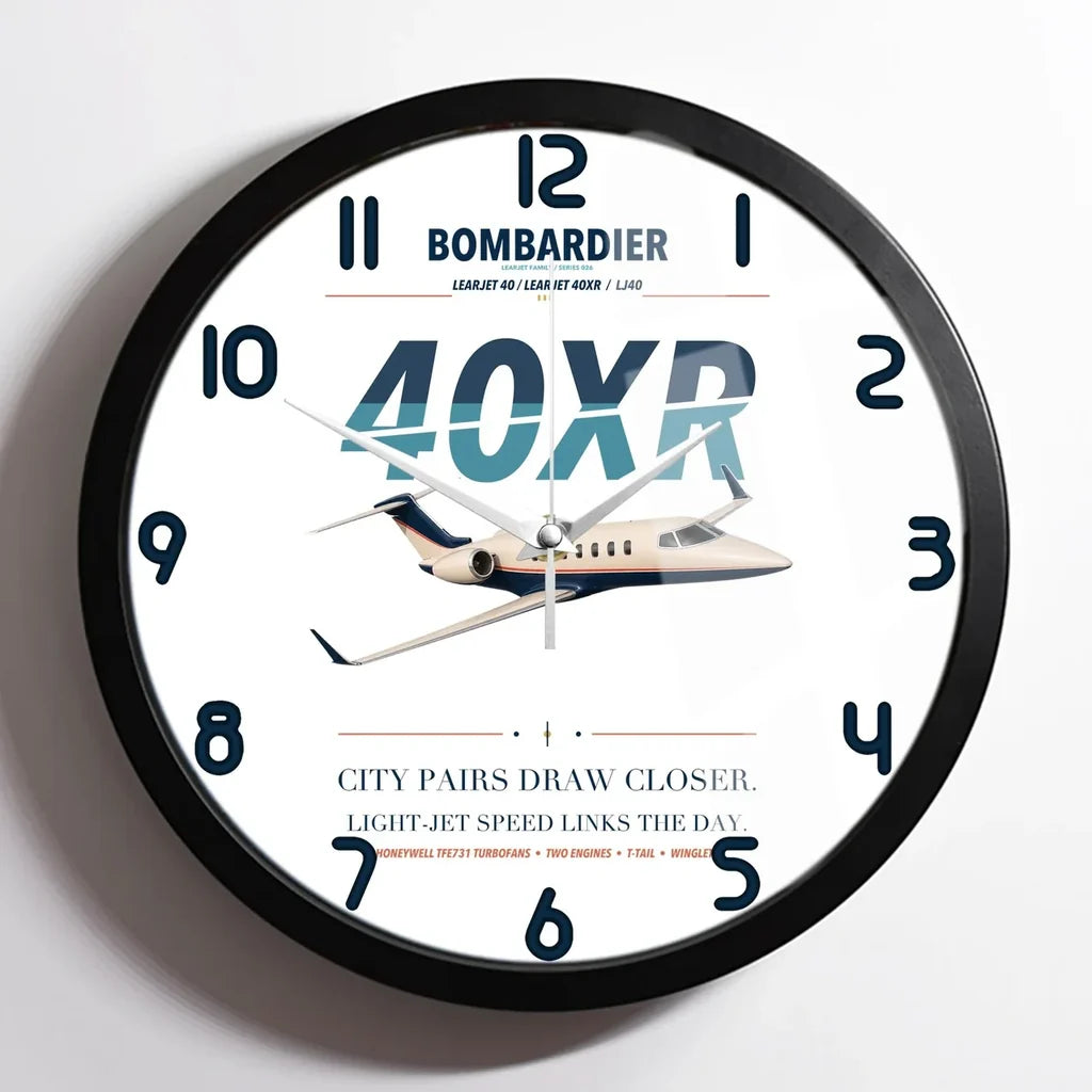 Bombardier Learjet 40XR design on white framed wall clock