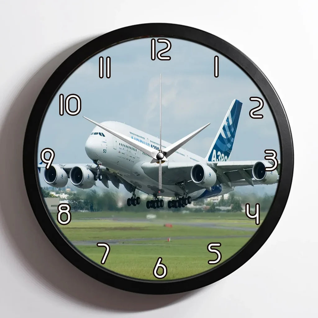 Departing Airbus A380 with Original Livery aviation design on premium wood and metal wall clock.