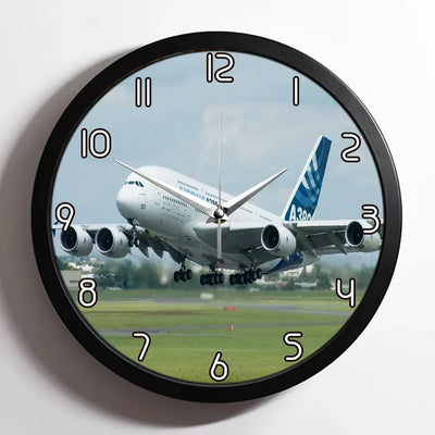 Departing Airbus A380 with Original Livery aviation design on premium wood and metal wall clock.