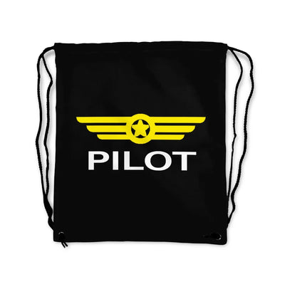 Pilot & Badge aviation design drawstring bag, lightweight polyester construction.