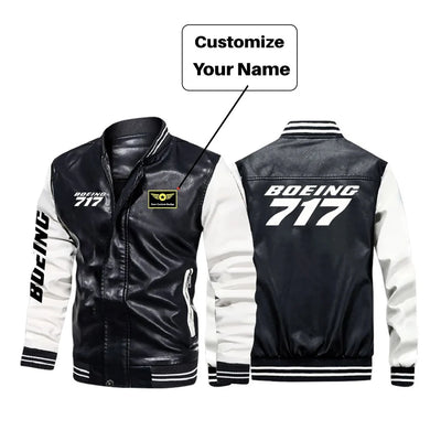 Boeing 717 & Text aviation design printed on genuine leather with modern tailored fit stylish leather jacket.
