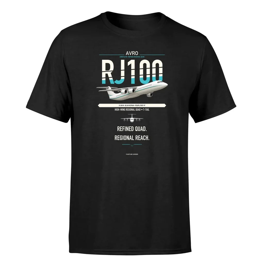 Avro RJ100 design on black double-side t-shirt, single-side print