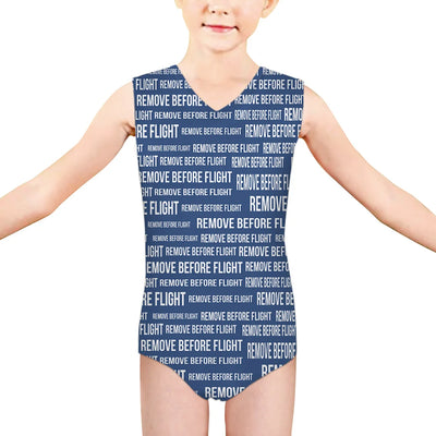 Remove Before Flight 3Blue aviation print on kids quick-dry fabric swimsuit.