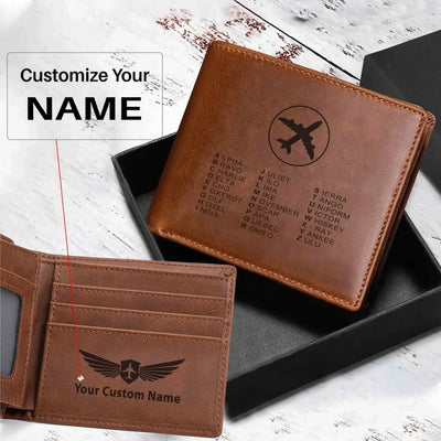 Aviation Alphabet 2 aviation laser-engraved leather wallet in leather.