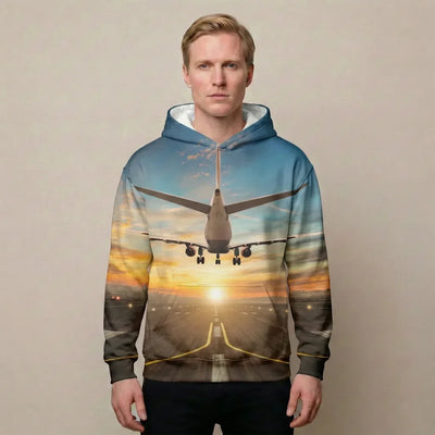 Airplane over Runway Towards the Sunrise Printed aviation design printed on soft cotton 3D-print T-shirt.