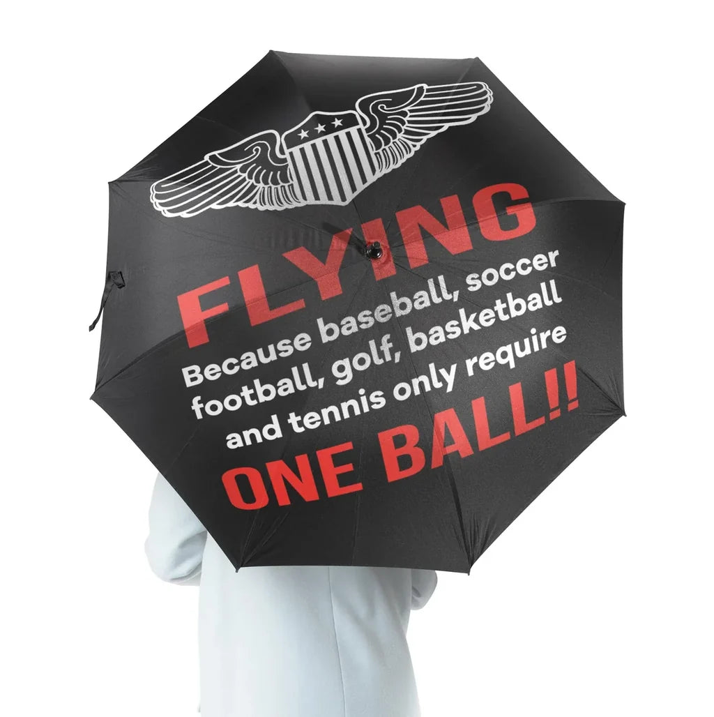Flying One Ball aviation design on windproof polyester umbrella.
