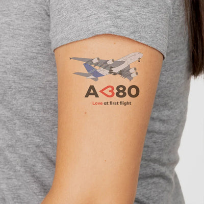 Airbus A380 Love at first flight aviation temporary tattoo in skin-safe adhesive paper.