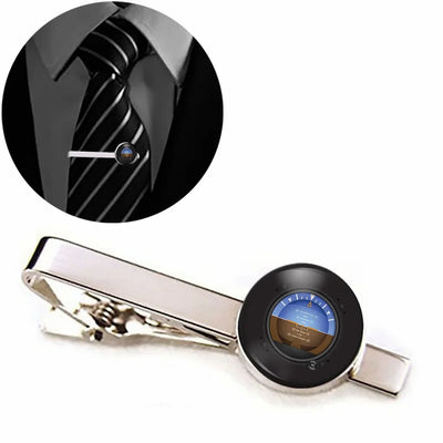 Side view of Airplane Instruments-Gyro Horizon aviation tie clip in stainless steel, polished finish.