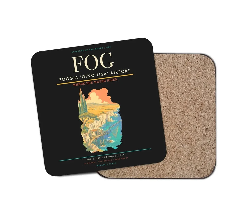 Foggia Gino Lisa Airport (FOG) design on black 1 piece coaster