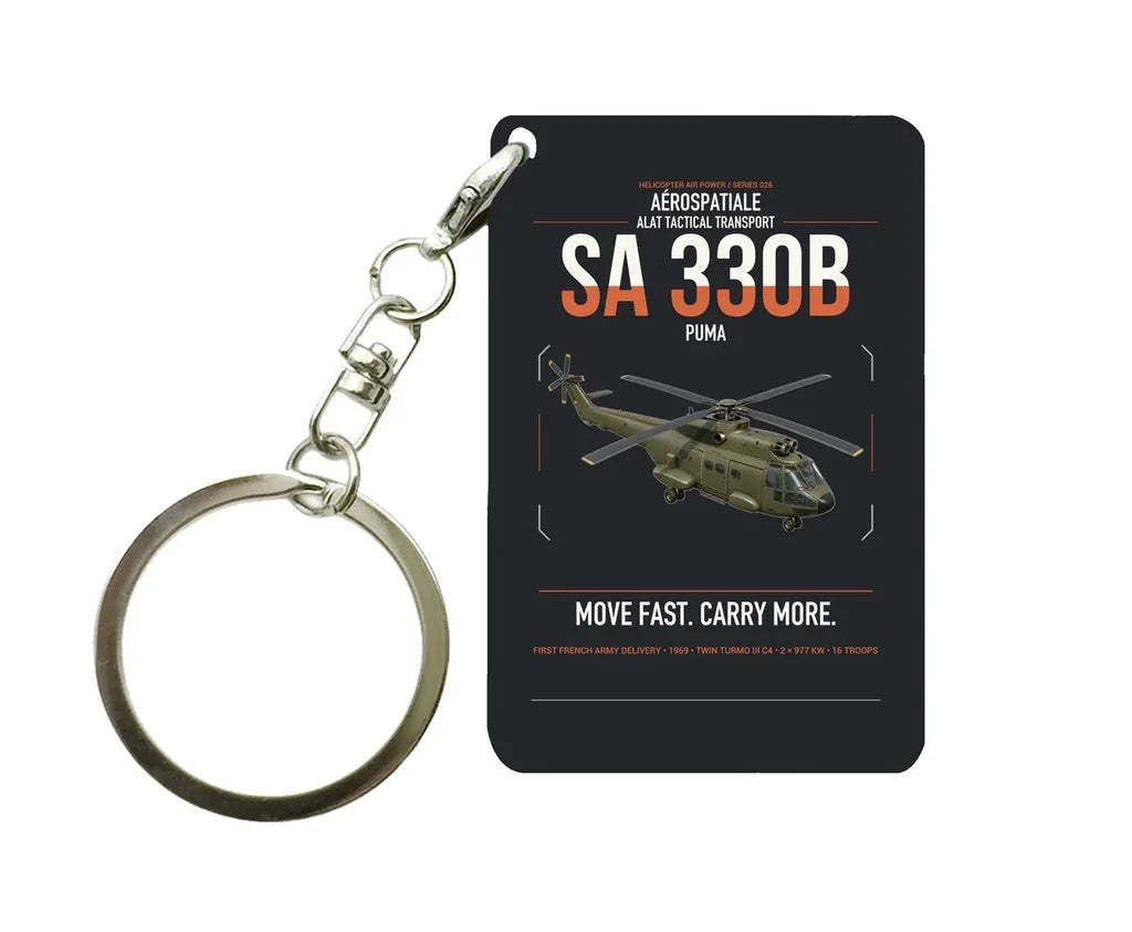 Aérospatiale SA 330B Puma design on black designed key chain, double-side print