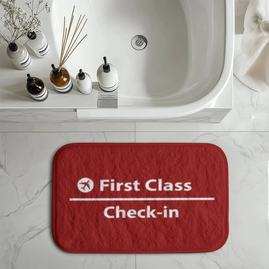 First Class - Check In aviation print bath mat, soft absorbent fabric with non-slip backing.