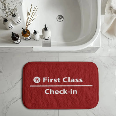 First Class - Check In aviation print bath mat, soft absorbent fabric with non-slip backing.