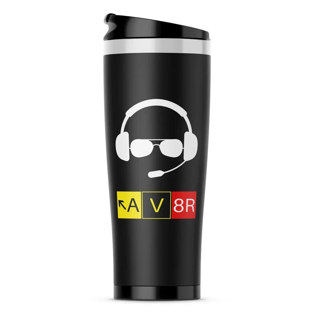 AV8R 2 aviation design on travel mug no-holder, insulated double-wall.