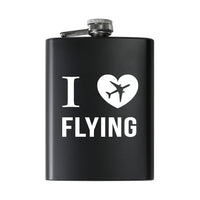 Thumbnail for I Love Flying aviation design on stainless hip flask, compact pocket-size flask.