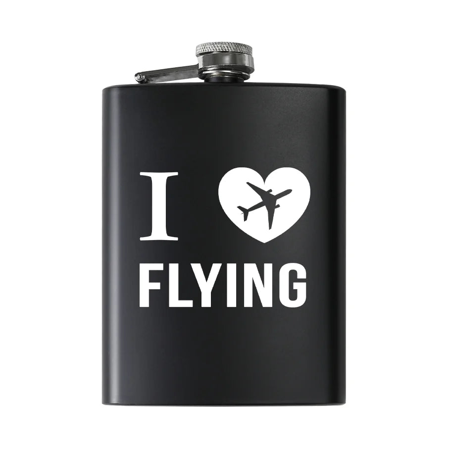 I Love Flying aviation design on stainless hip flask, compact pocket-size flask.