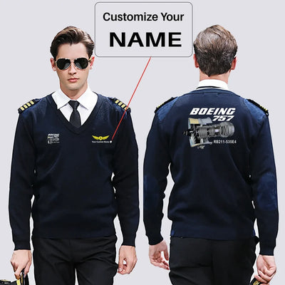 Boeing 757 & Rolls Royce Engine (RB211) aviation design on premium wool blend wool pilot sweater.