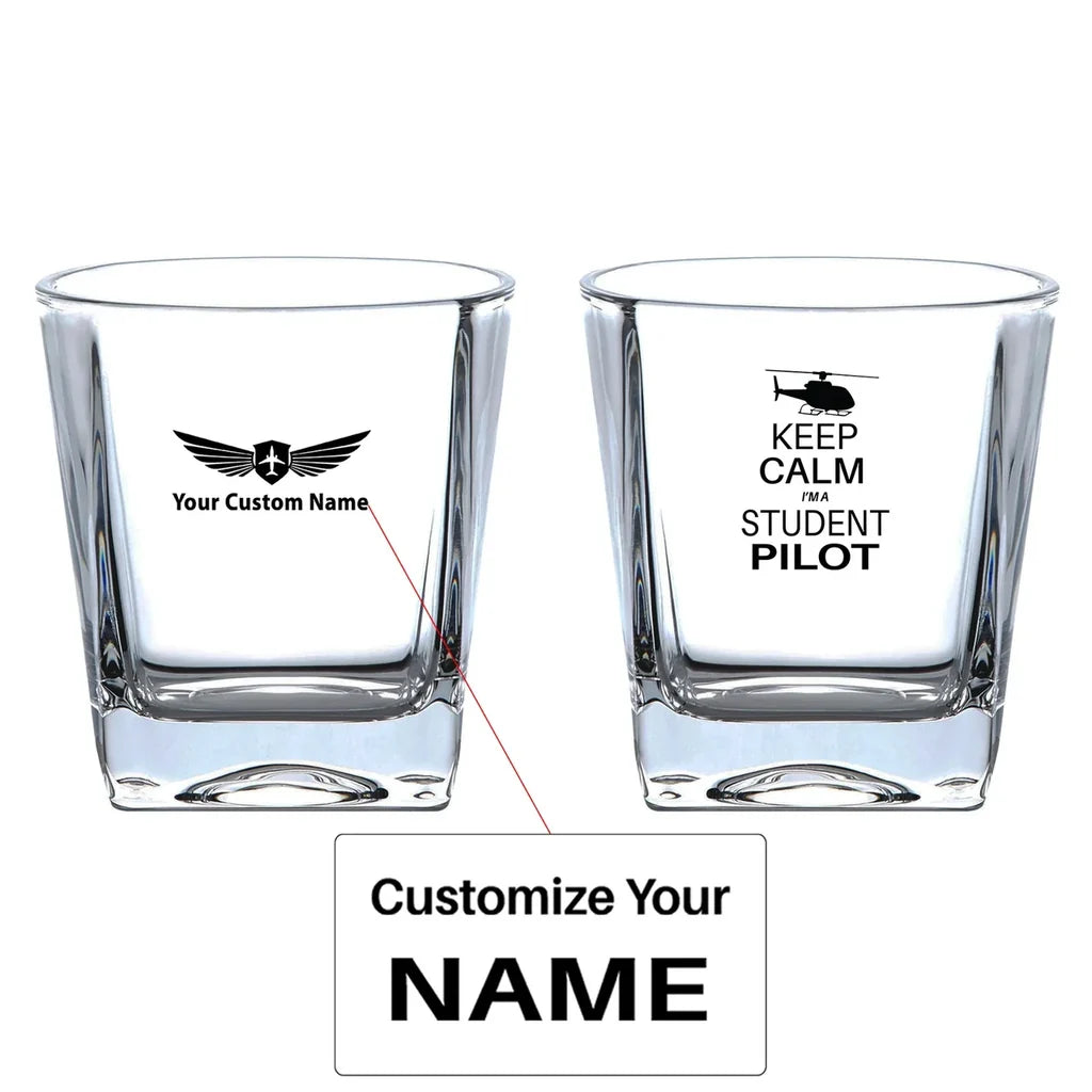 Student Pilot (Helicopter) aviation design on whiskey glass, crystal-clear premium glassware.
