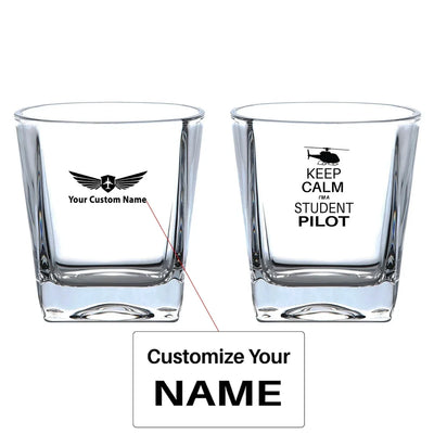 Student Pilot (Helicopter) aviation design on whiskey glass, crystal-clear premium glassware.