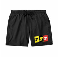 Thumbnail for Flat Colourful 757 aviation design on quick-dry polyester swim trunks.