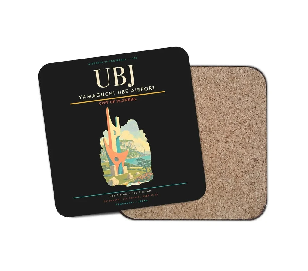 Yamaguchi Ube Airport (UBJ) design on black 1 piece coaster