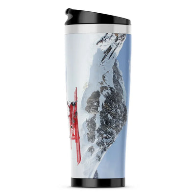 Amazing Snow Airplane aviation design on travel mug no-holder, insulated double-wall.