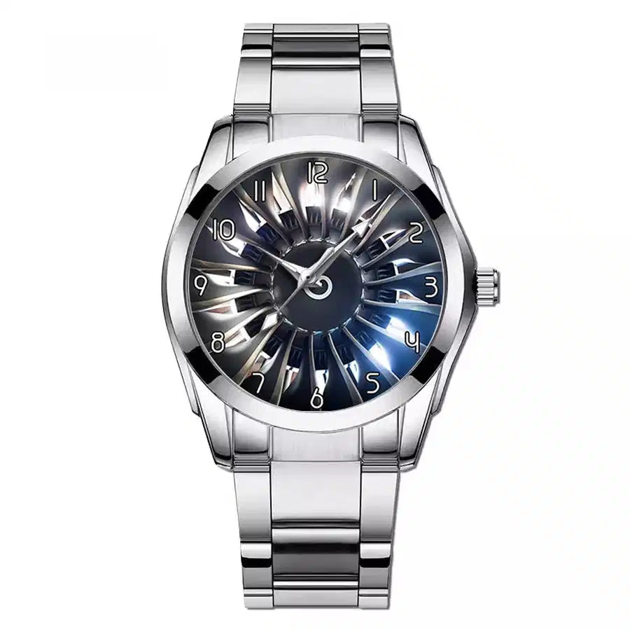 Side view of Amazing Jet Engine aviation watch with stainless steel band in stainless steel, polished finish.