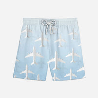 Thumbnail for White Seamless Airplanes & Shadows aviation design on quick-dry polyester swim trunks.