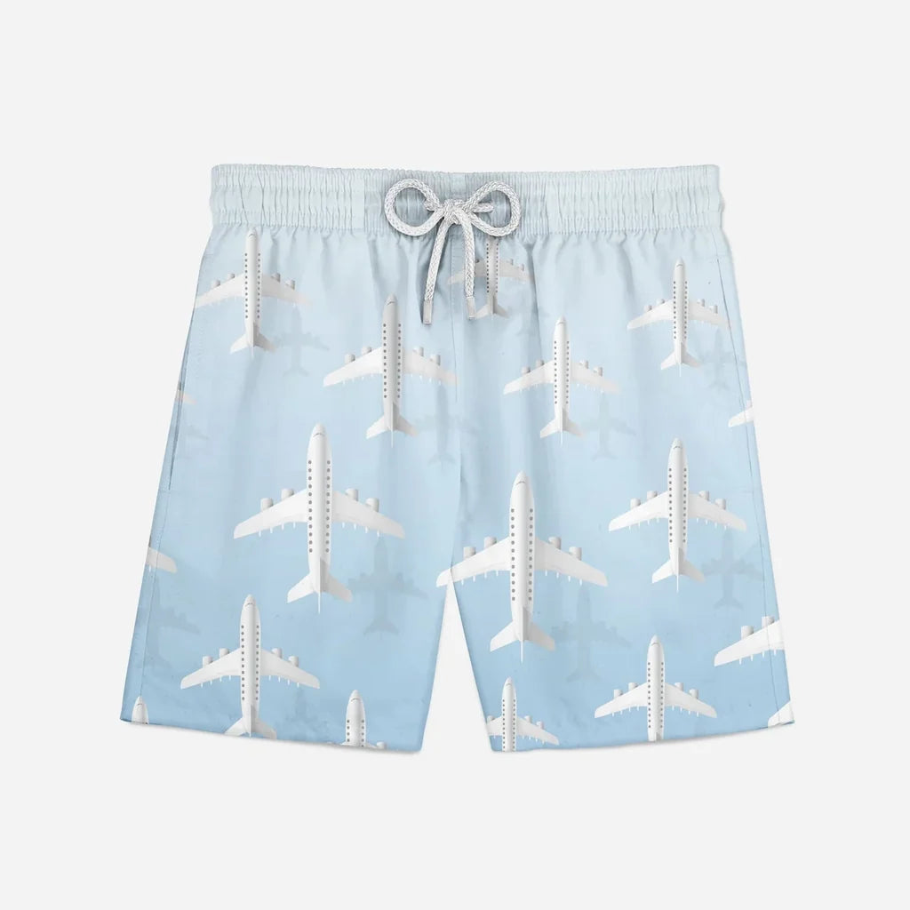 White Seamless Airplanes & Shadows aviation design on quick-dry polyester swim trunks.
