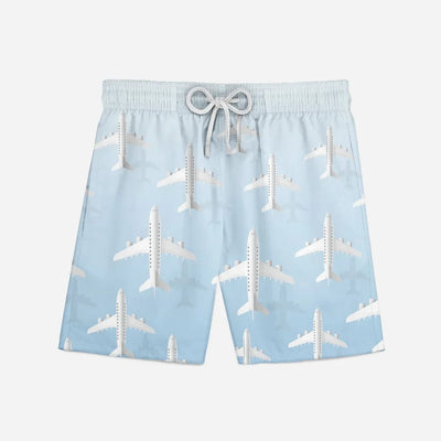 White Seamless Airplanes & Shadows aviation design on quick-dry polyester swim trunks.