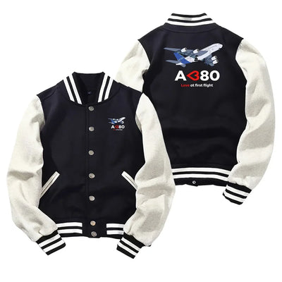 Airbus A380 Love at first flight Baseball Style aviation design printed on two-tone shell with ribbed cuffs baseball jacket.