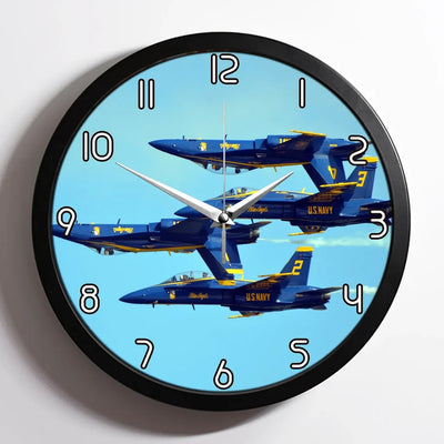 US Navy Blue Angels aviation design on premium wood and metal wall clock.