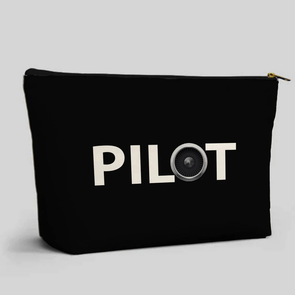 Pilot & Jet Engine aviation print zipper pouch, durable polyester.