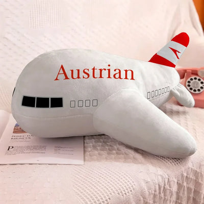 Austrian Airlines aviation design on soft polyester filling airplane-shape decorative pillow.