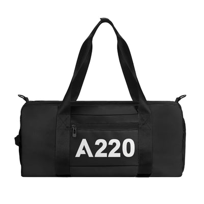Airbus A220 Flat Text aviation print sports bag, durable nylon.