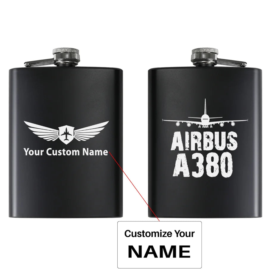 Airbus A380 & Plane aviation design on stainless hip flask, compact pocket-size flask.