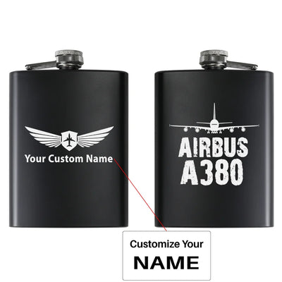 Airbus A380 & Plane aviation design on stainless hip flask, compact pocket-size flask.