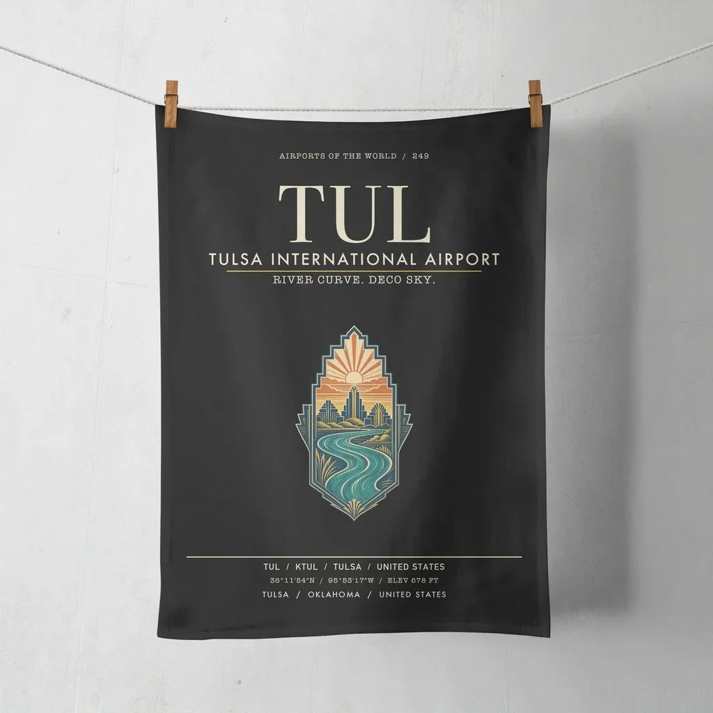 Tulsa International Airport (TUL) design on black towel