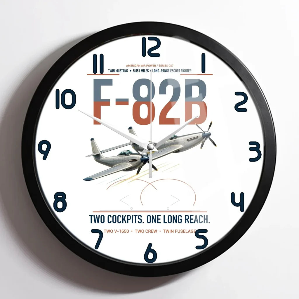 F-82B Twin Mustang design on white framed wall clock