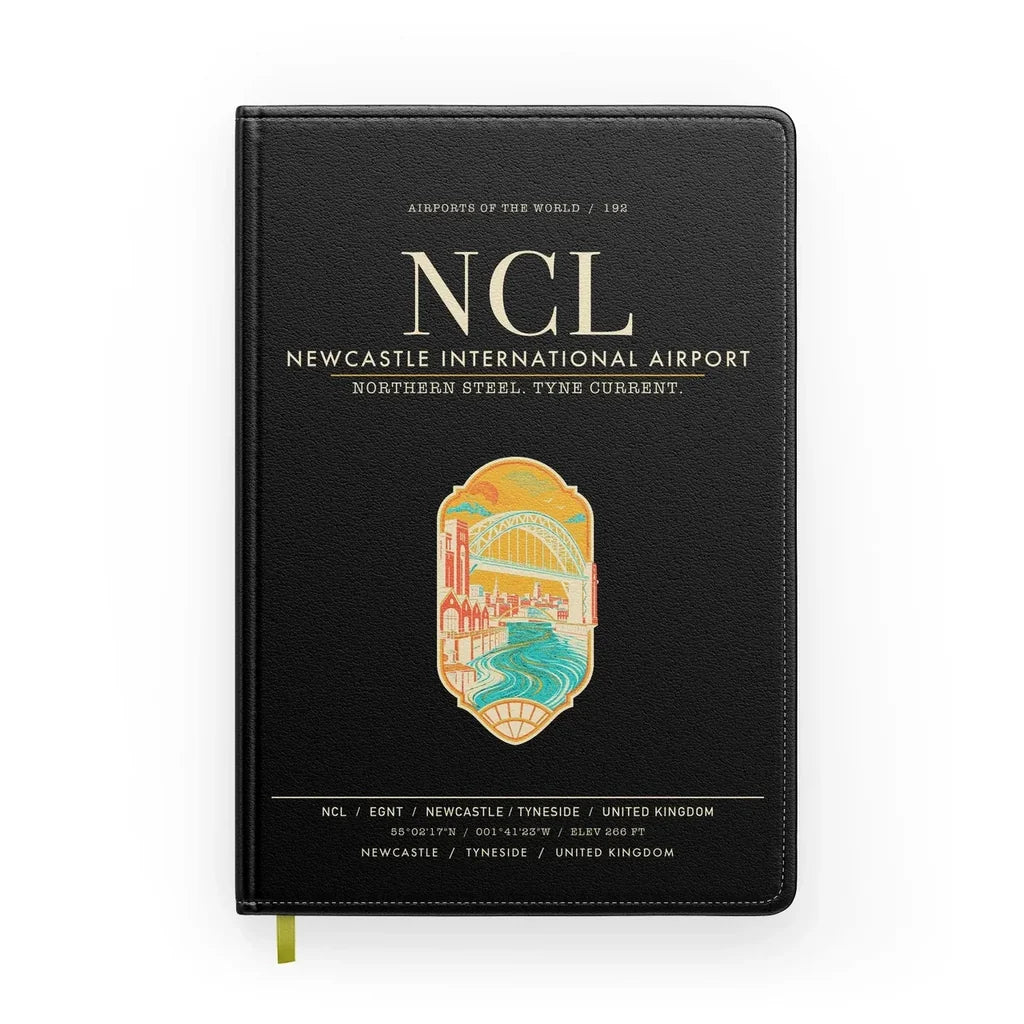 Newcastle International Airport (NCL) design on black notebook