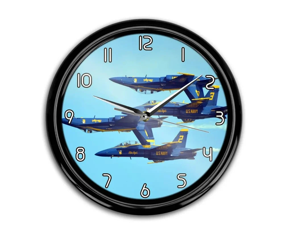 US Navy Blue Angels aviation themed wall clock, premium wood and metal.