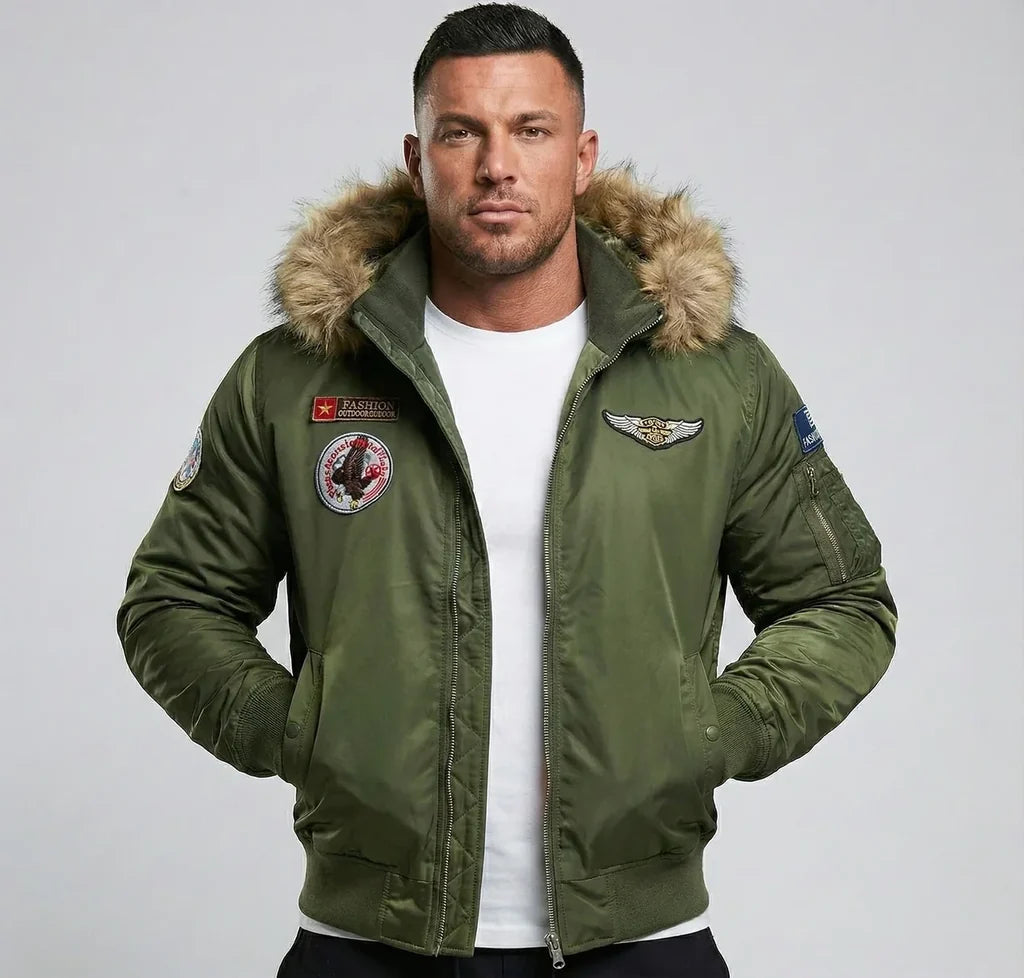 Fighter Jet aviation design printed on padded shell with classic pilot styling pilot jacket.