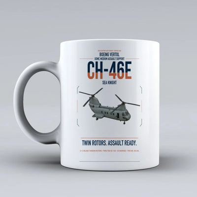 Boeing Vertol CH-46E Sea Knight design on white ceramic mug, double-side print