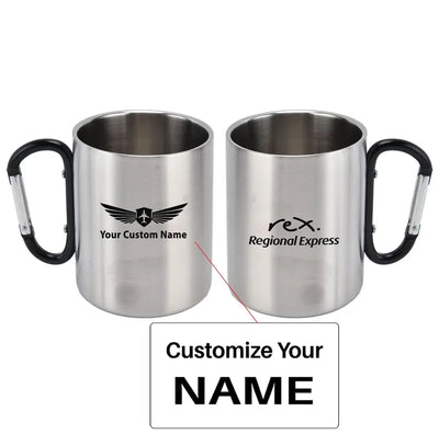 Rex Airlines aviation design on outdoor mug, durable insulated construction.