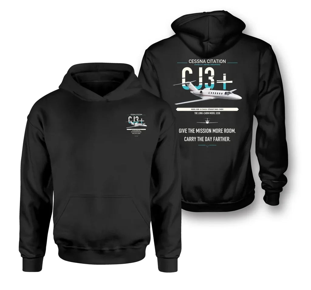 Cessna Citation CJ3+ design on black double-side hoodie, double-side print