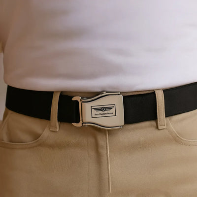 Custom Name (Badge 1) aviation seat-belt buckle accessory, real seat-belt webbing.