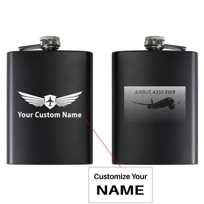 Airbus A350XWB & Dots aviation design on stainless hip flask, compact pocket-size flask.