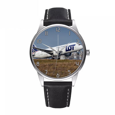 Side view of LOT Polish Airlines Boeing 787 aviation watch with leather strap in leather strap, polished finish.
