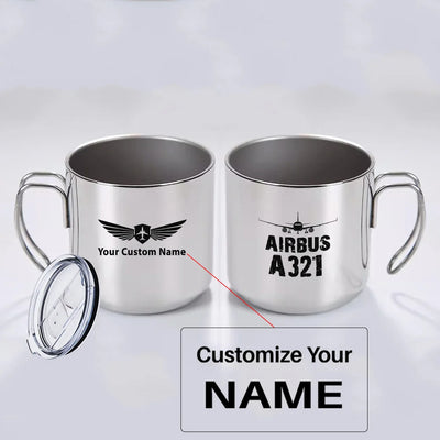 Airbus A321 & Plane aviation design on portable mug, vacuum-insulated double-wall.