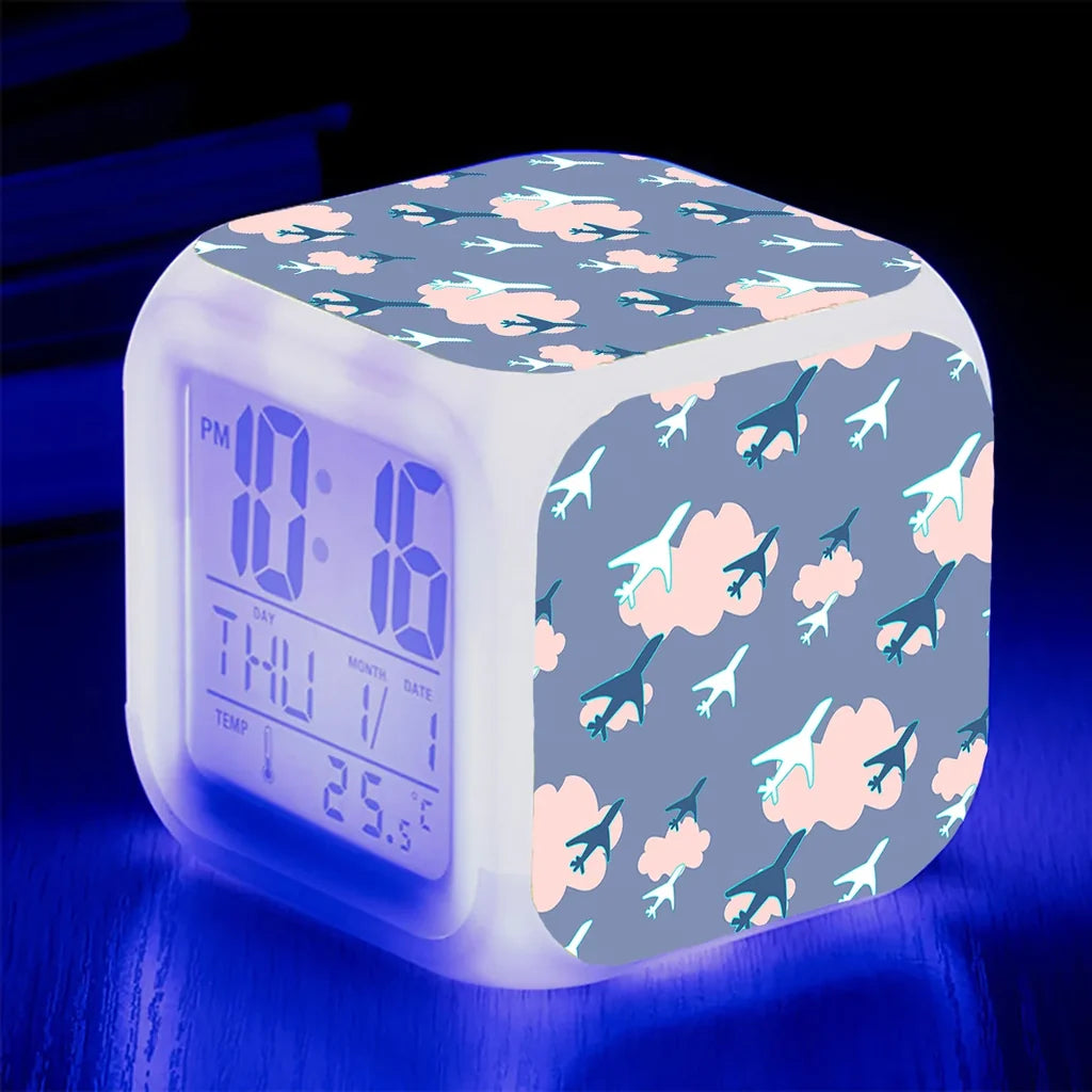 Cool & Super Airplanes (Vol2) "7 Colour" Digital Alarm aviation themed table clock, premium wood and metal.